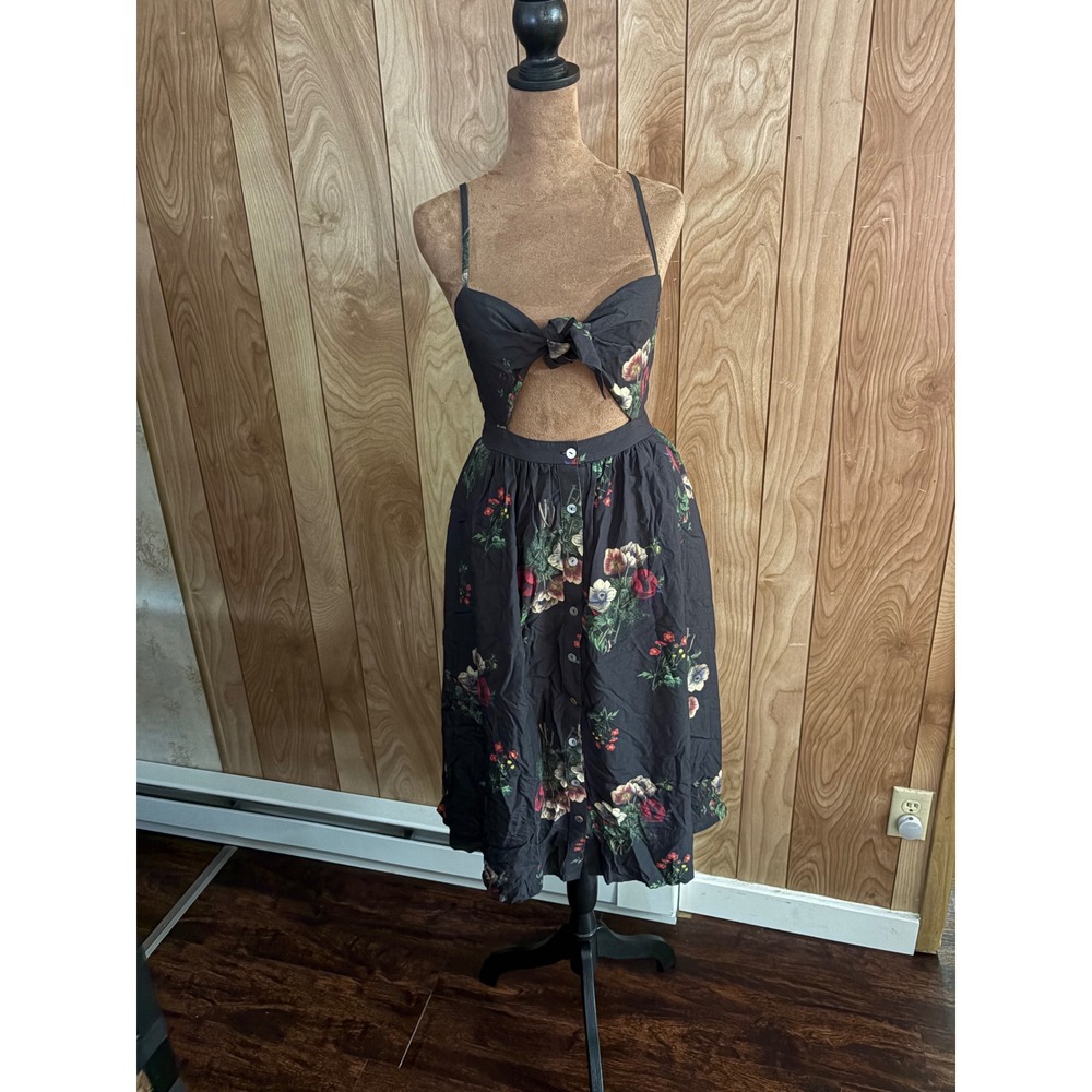 Mimi Chica Black Floral Midi Dress with Cutout Tie Front